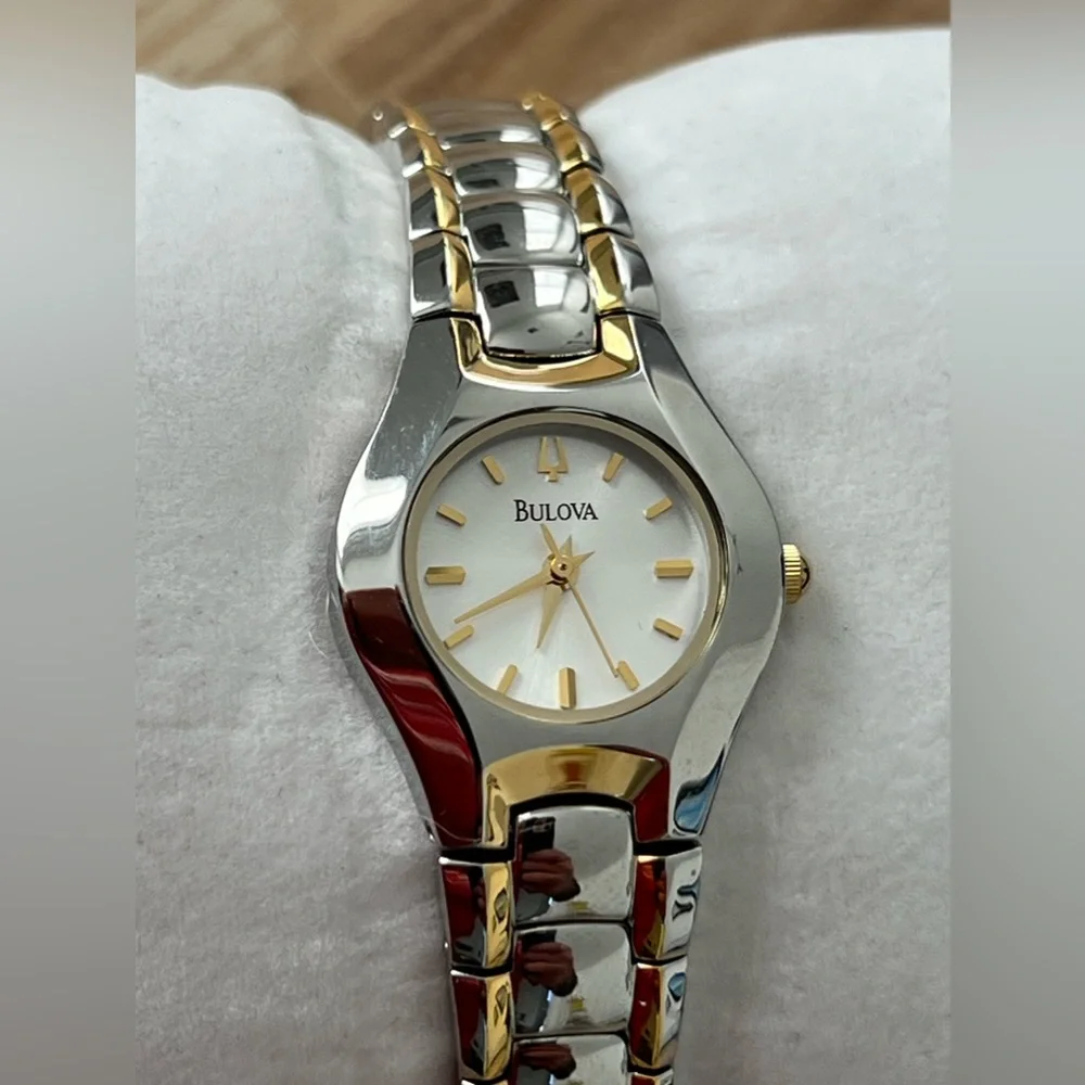 Bulova Ladies New in Box Watch Two-Tone Bracelet White Dial Gold Markers